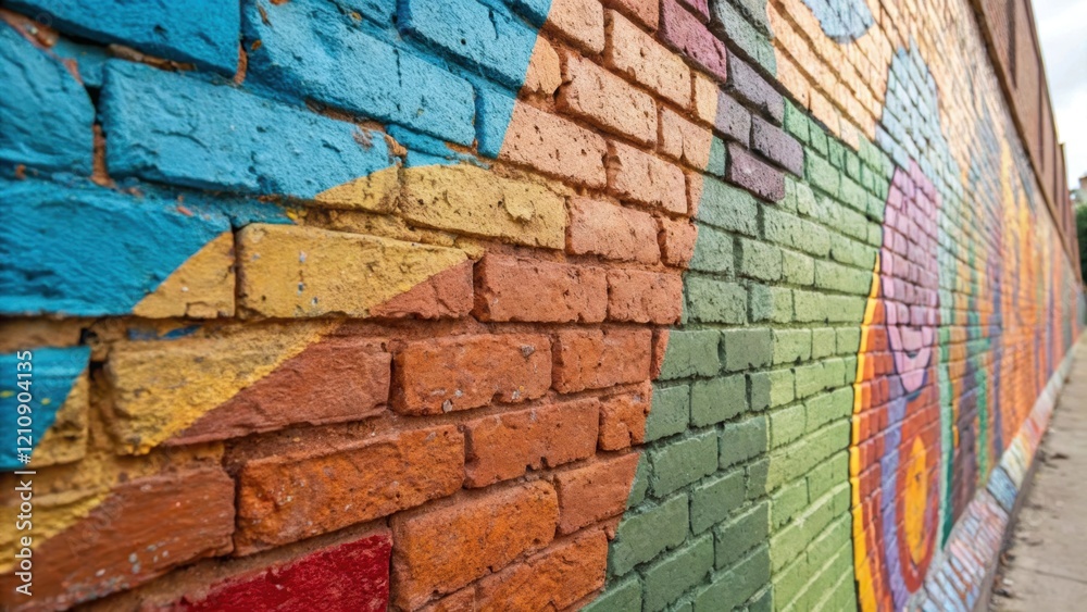 Poster a medium closeup of a vibrant mural painted on a wall made from repurposed bricks with the varied co