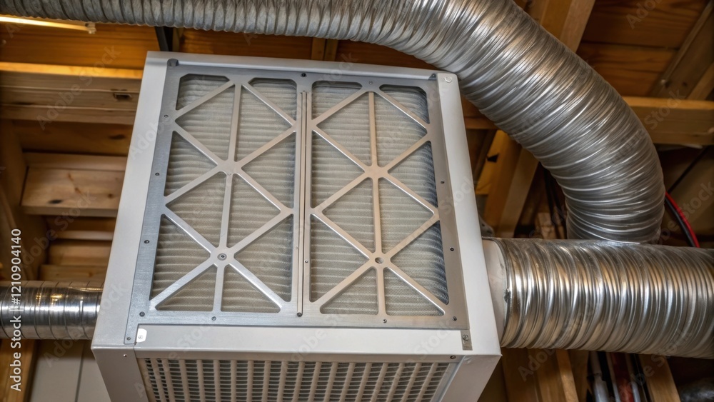 Poster A medium closeup of a ventilation systems heat recovery unit displaying the intricate ductwork and filters designed to maintain airflow while reducing energy loss essential for