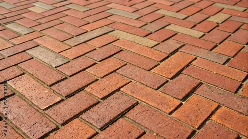 Poster A medium closeup of a vibrant herringbone pattern emerging from freshly laid bricks highlighting the meticulous alignment and the interplay of light and shadow on the surfaces.