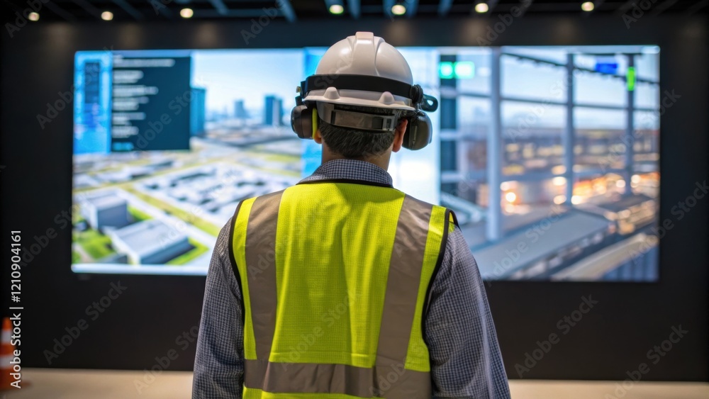 Poster A medium closeup of a VRequipped worker standing before a lifelike simulation of a construction zone analyzing digital blueprints and identifying potential safety risks while