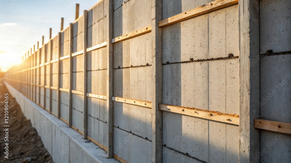 Aufkleber A medium closeup of a wall of cured concrete with sections of formwork leaning against it sunlight illuminating the material capturing the juxtaposition of the raw formwork against