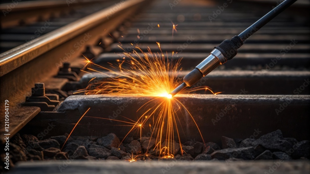Poster a medium closeup of a welding torch igniting sparks as a worker performs emergency metal repairs on 