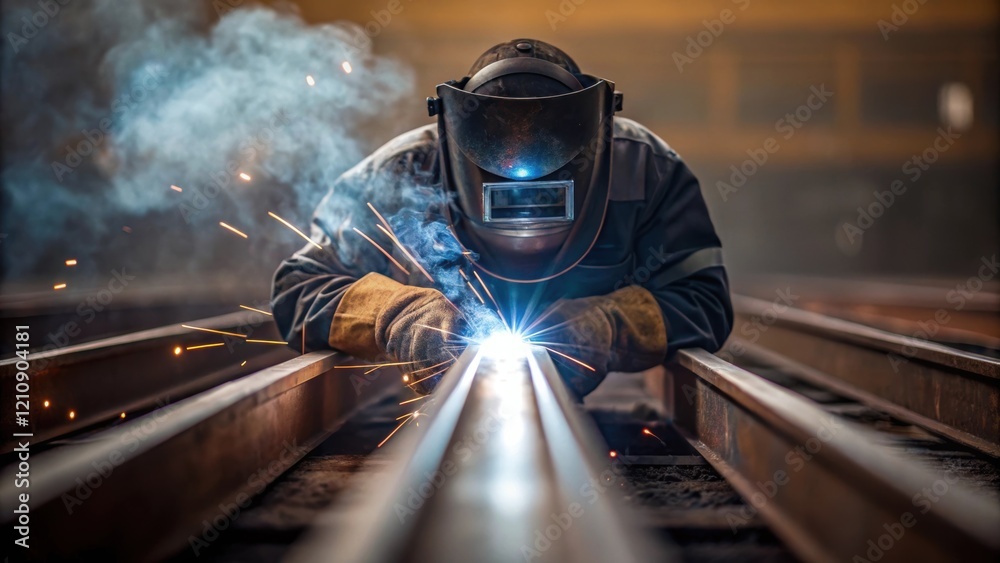 Poster a medium closeup of a welder in protective gear fusing two large steel rail sections together with b