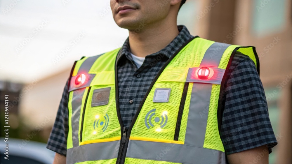 Poster A medium closeup of a wearable safety vest equipped with reflective materials and embedded sensors showcasing its ability to detect environmental hazards and alert the wearer.