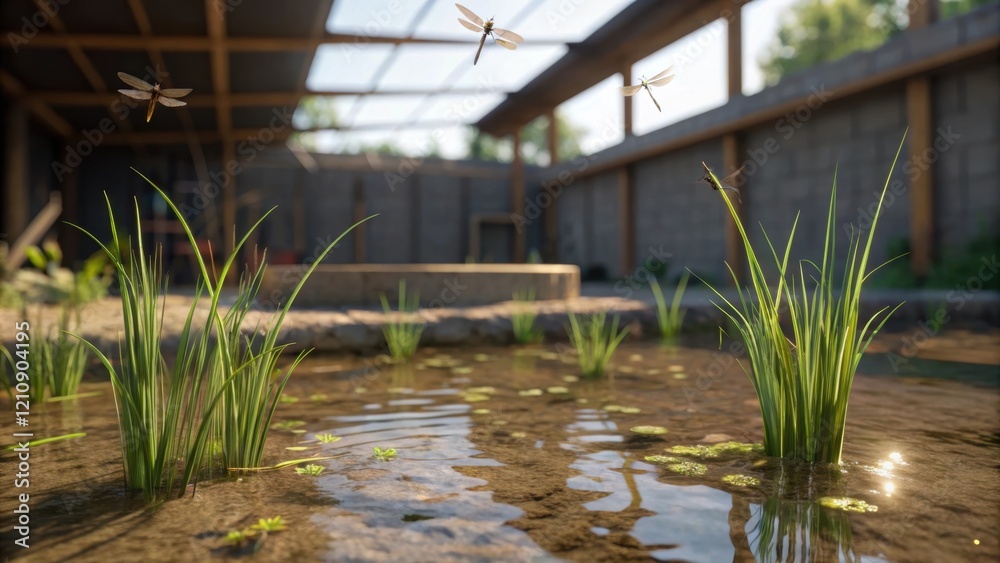 Poster a medium closeup of a wetland area on a construction site featuring a shallow pool of clear water fi