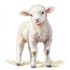 Fototapeta premium This watercolor artwork features a detailed lamb against a white background, showcasing its fluffy texture and playful demeanor, perfect for nature enthusiasts