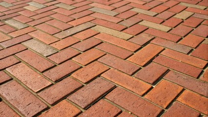 A medium closeup of a vibrant herringbone pattern emerging from freshly laid bricks highlighting...