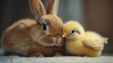 Adorable bunny rabbit and chick friendship for easter celebration
