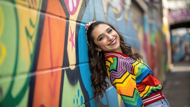 A medium closeup of a vivid graffiti wall in the background where a young woman poses playfully for a photo showcasing her colorful outfit that matches the urban art scene.
