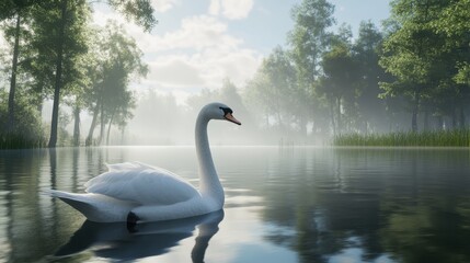 Tranquil swan gliding on misty lake in serene woodland morning