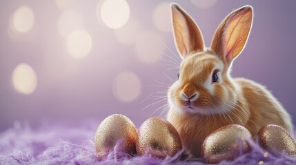 Golden rabbits with sparkling easter eggs on purple for festive decoration and design