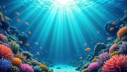 Fototapeta premium Colorful coral reef scene underwater. Vivid coral formations. Brightly colored fish swim near colorful corals in deep ocean. Sunlight beams down through water. Ocean floor visible. Marine life