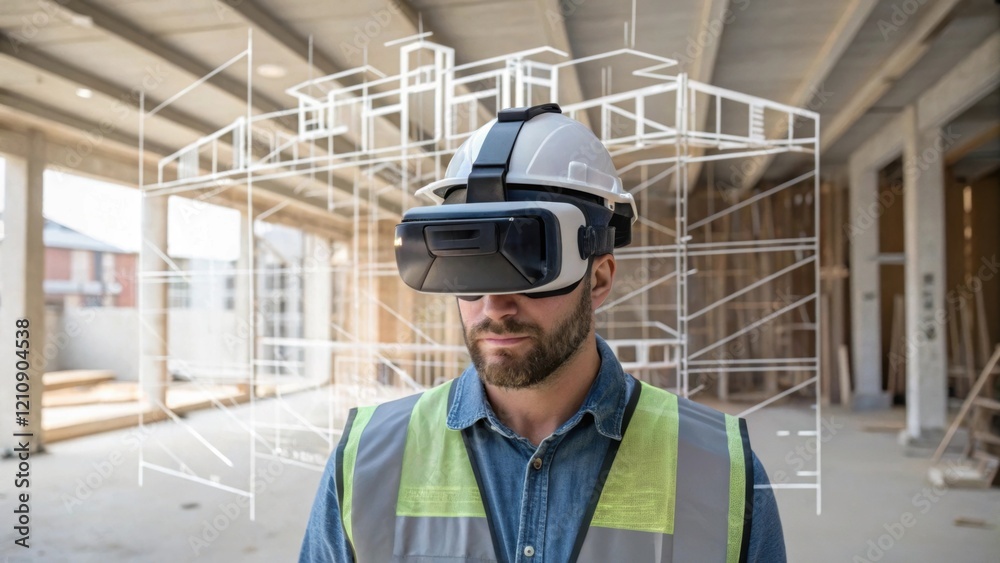 Aufkleber A medium closeup of a worker using an augmented reality headset to visualize project elements onsite. The translucent overlay of structural components contrasts with the raw