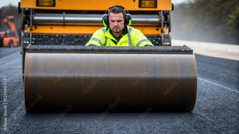 Poster a medium closeup of a worker with a highvisibility jacket and earmuffs guiding a heavy roller over f