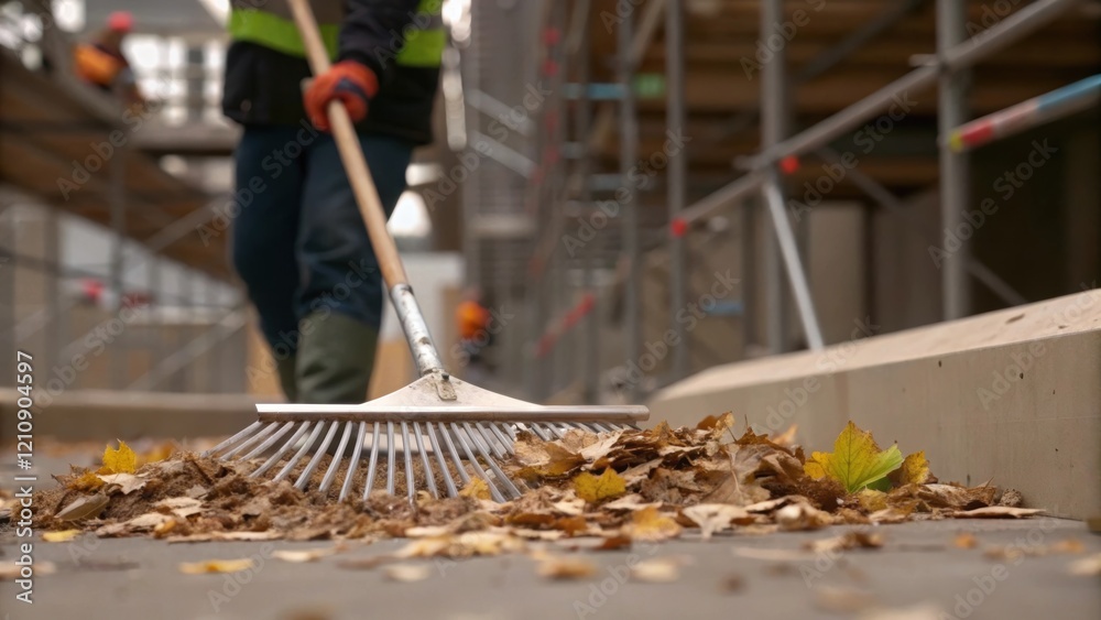 Aufkleber A medium closeup of a worker using a rake to gather leaves and paper remnants at the edge of the construction site with scaffolding partially visible in the background depicting