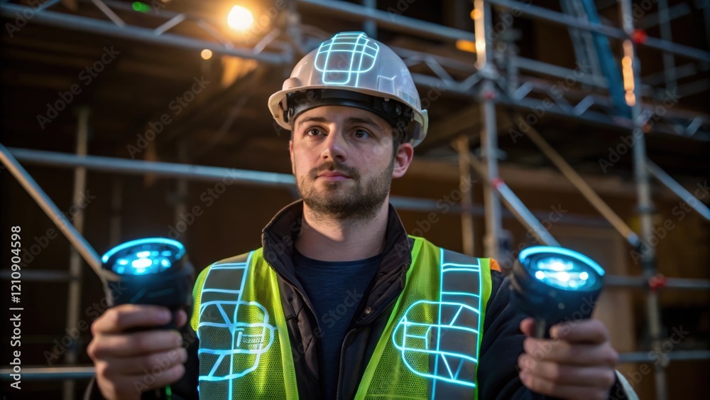 Aufkleber A medium closeup of a worker using hand controllers to interact with a virtual model with the glowing projections illuminating his focused expression while scaffolding and tools