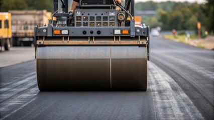 Fototapeta premium A medium closeup of a worker operating a large roller with the massive steel drum compressing the asphalt showcasing the intricate machinery involved in the paving process.