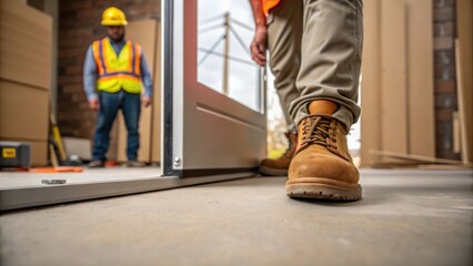 A medium closeup of a workers foot stabilizing a door on the ground emphasizing teamwork and safety as another colleague prepares to lift it.