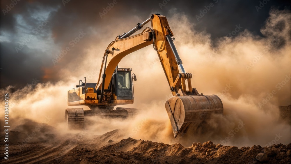 Poster a medium closeup of heavy machinery including an excavator digging into the earth with clouds of dus