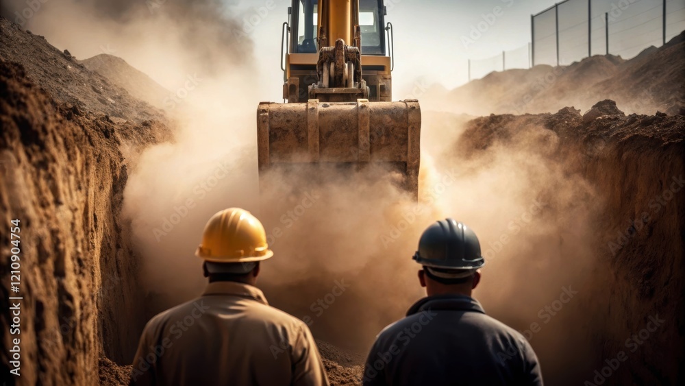 Leinwandbilder a medium closeup of machinery excavating a large trench for underground utilities with clouds of dus