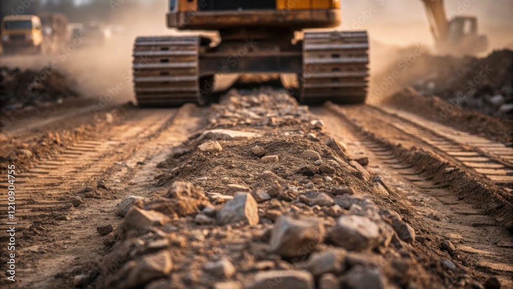 Poster A medium closeup of heavy machinerys track as it navigates over rough terrain with soil and rocks being disp emphasizing the dynamic environment of emergency construction work.