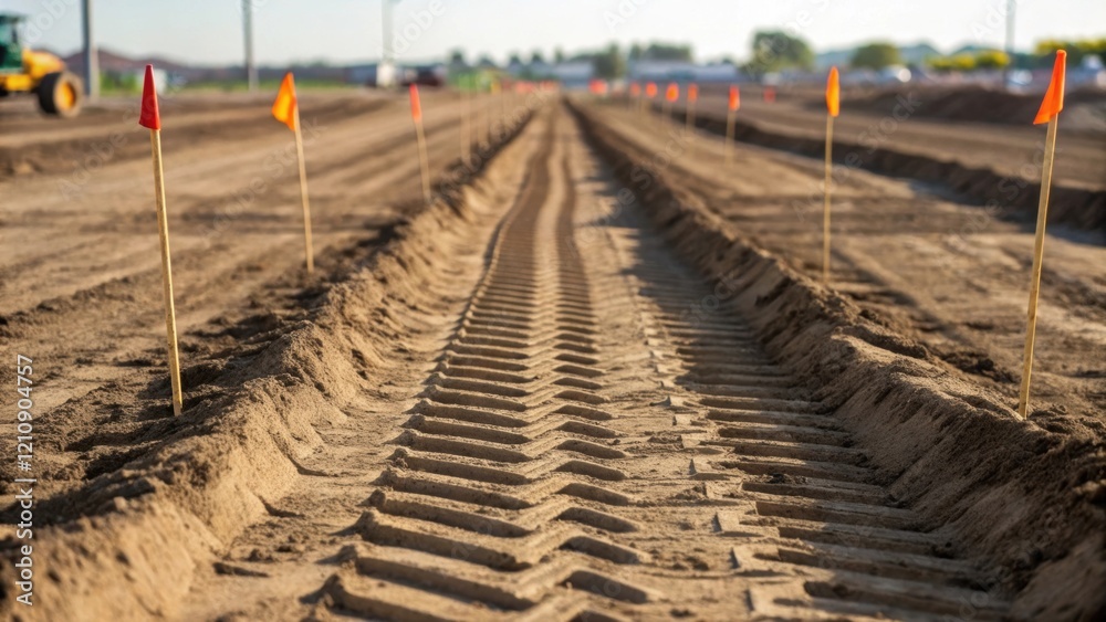 Poster a medium closeup of heavy machinery tracks imprinted in freshly turned soil with construction stakes