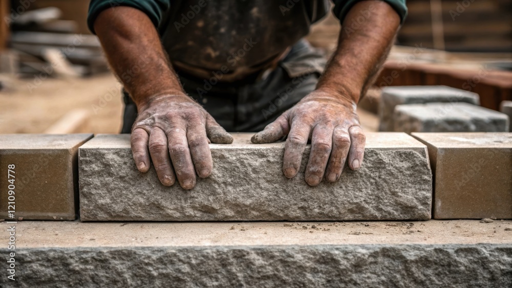 Aufkleber a medium closeup of masons hands as they expertly position a heavy stone block on a foundation with 
