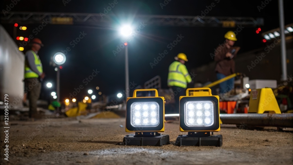 Aufkleber a medium closeup of led job site lights illuminating an area where workers are actively engaged high