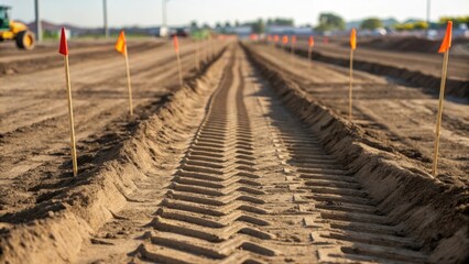 A medium closeup of heavy machinery tracks imprinted in freshly turned soil with construction stakes and flags marking the boundaries of the site showing the meticulous planning