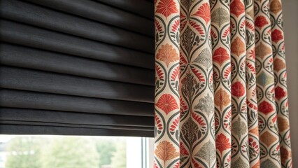 A medium closeup of layered window treatments featuring a blackout shade in the background and a patterned curtain in the foreground with a focus on the contrasting colors and