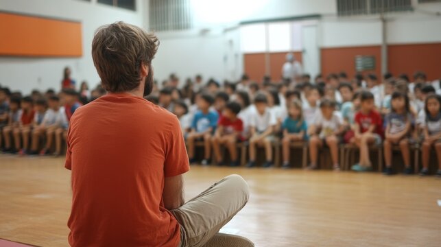Man sits facing a large group of children seated on chairs in a gymnasium.