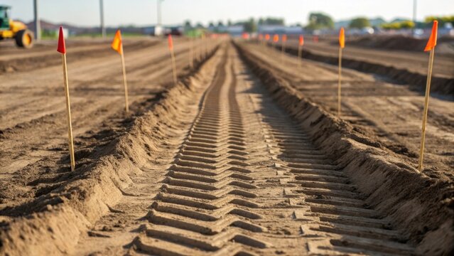 A medium closeup of heavy machinery tracks imprinted in freshly turned soil with construction stakes and flags marking the boundaries of the site showing the meticulous planning