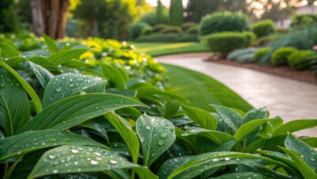 A medium closeup of lush foliage thriving in a landscape with visible signs of moisture on leaves attributed to effective graywater irrigation enhancing the idea of sustainability