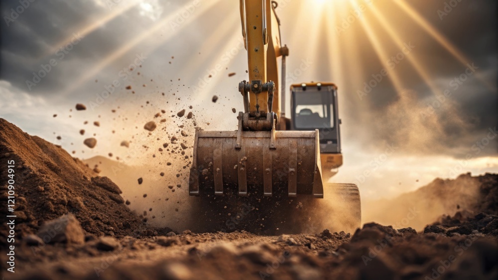 Poster A medium closeup of the excavator digging into the earth chunks of soil falling away with some dust particles suspended in the air that catch the sunlight streaming through.
