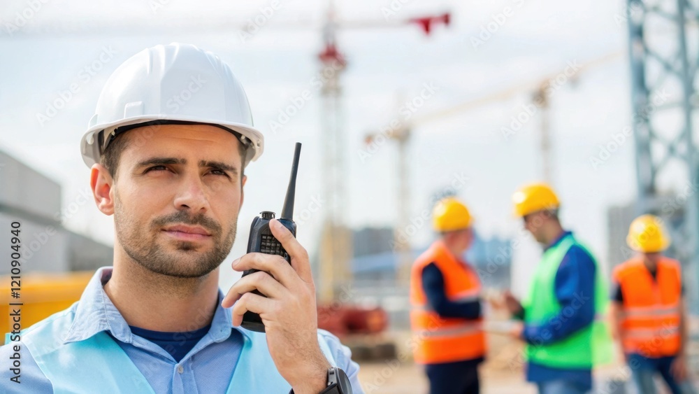 Aufkleber A medium closeup of the foreman using a walkietalkie with construction workers and cranes visible in the background capturing the essence of communication and coordination in a