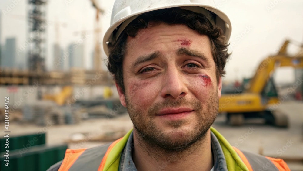 Poster a medium closeup of the injured workers face displaying a mix of pain and relief as they receive car