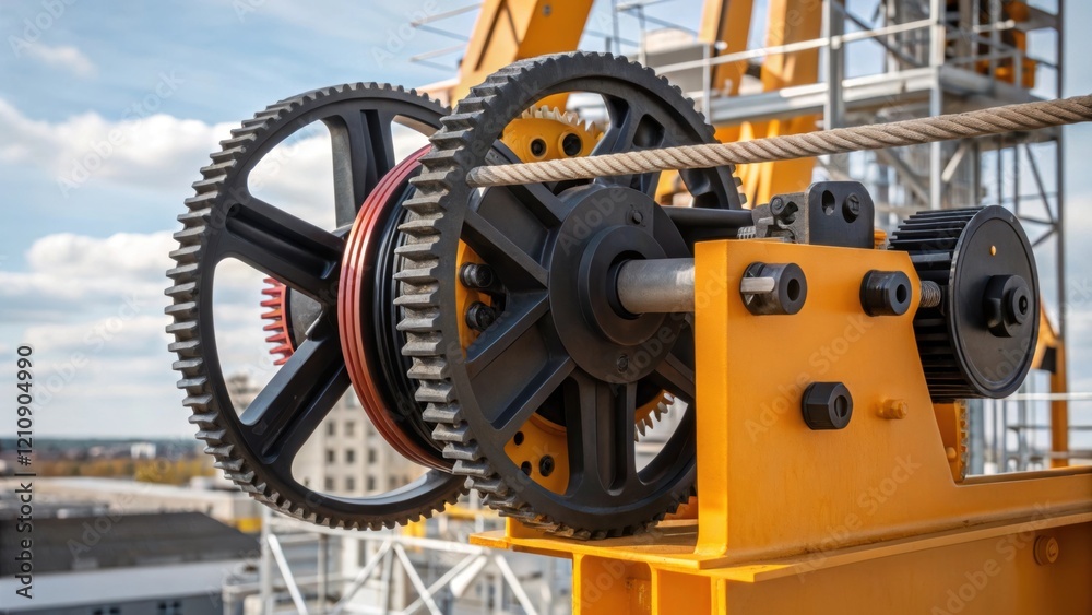 Poster A medium closeup of the rotating turret mechanism capturing the complex gears and pulleys that allow the crane to move materials across the construction site with agility.