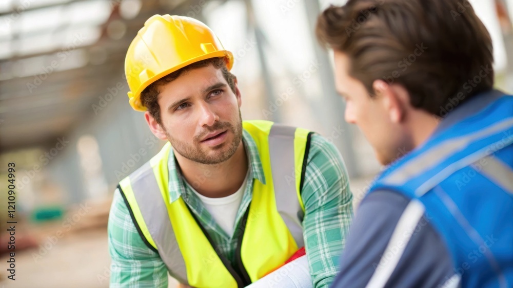 Aufkleber A medium closeup of the responder discussing the injury with the affected worker with the construction environment blurred in the background exemplifying communication in first aid