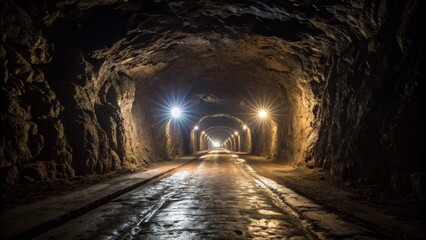 Naklejka premium A medium closeup of the illumination from the machines highpowered lights ting through the darkness of the tunnel revealing the newly excavated rock walls glistening with moisture.