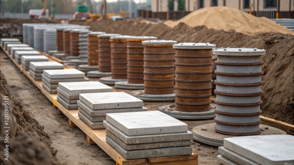 Poster A medium closeup of various piles stacked nearby each differing in length and diameter illustrating the preparation phase ready to be installed into the foundation site.