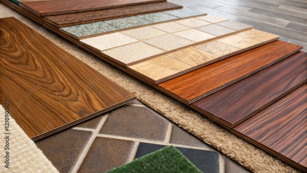 Poster a medium closeup of various flooring samples laid out on the ground where rich wood grains vibrant c