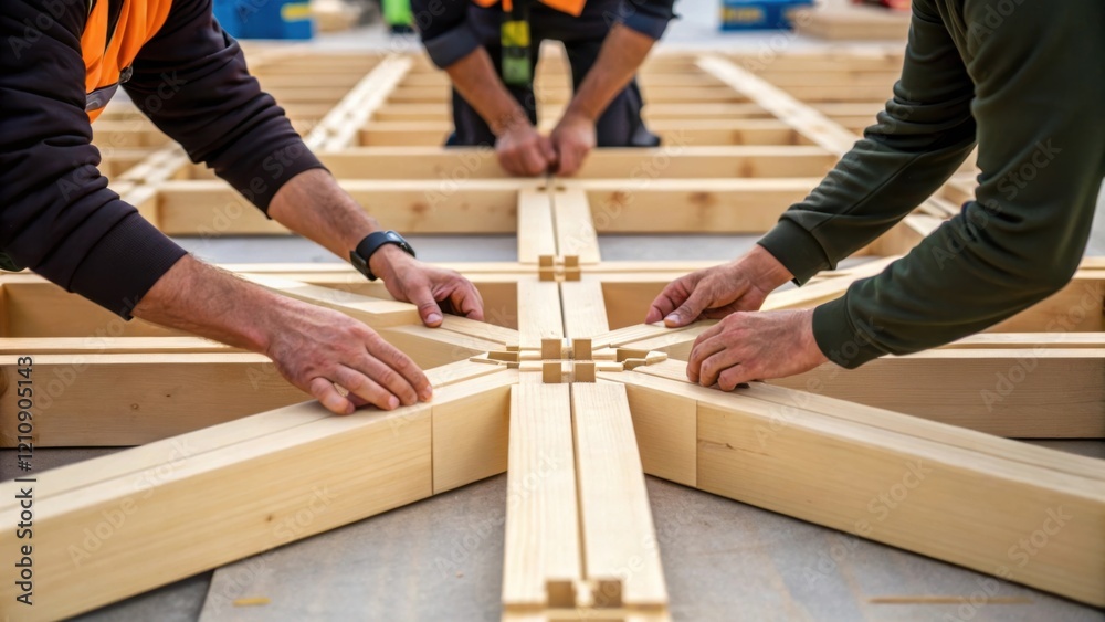 Poster a medium closeup of workers assembling large clt panels on a construction site their hands positioni