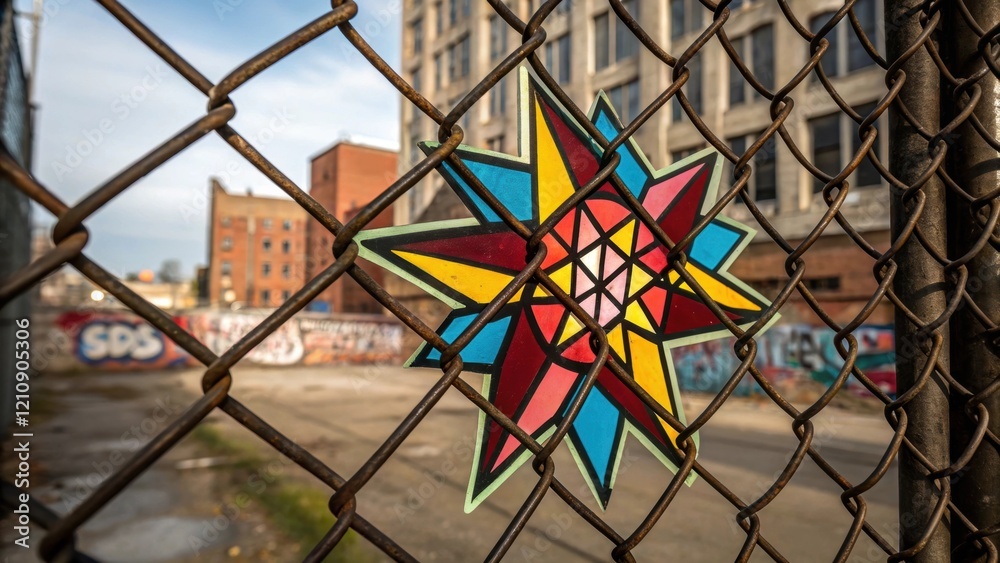 Poster a medium closeup reveals a graffiti explosion of geometric shapes and vibrant hues intertwined with 