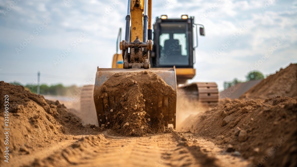 Poster a medium closeup reveals machinery in action as an excavator skillfully digs into the earth with dir