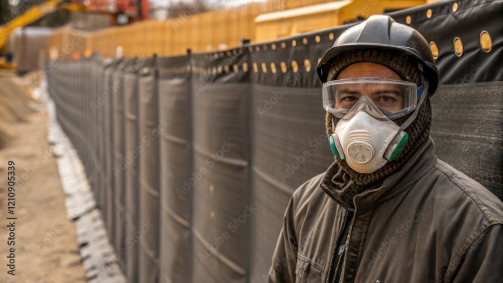 Poster a medium closeup shot of a construction worker wearing a mask and goggles standing beside a dust con