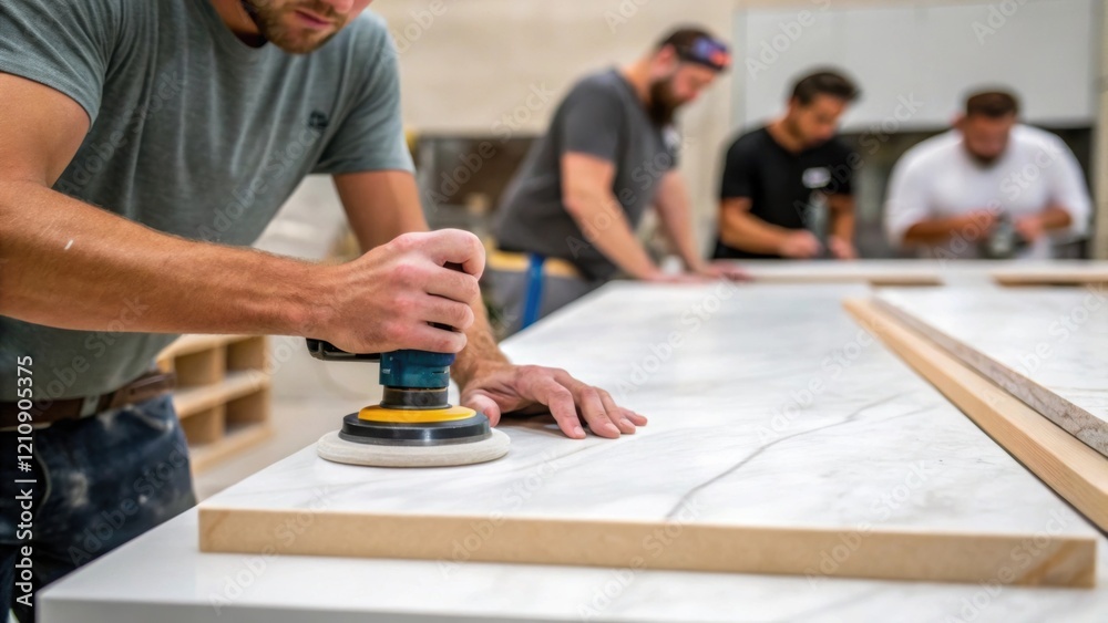 Aufkleber A medium closeup shot of a team collaborating around a countertop one person smoothing the edges of a marble slab with a hand router focused on achieving a perfect finish.