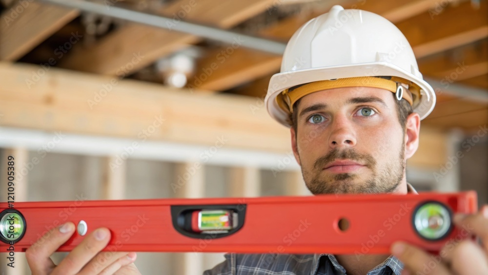Aufkleber A medium closeup shot of a technician using a level tool to ensure the fire sprinkler head is aligned correctly with a focused expression and construction materials tered in the