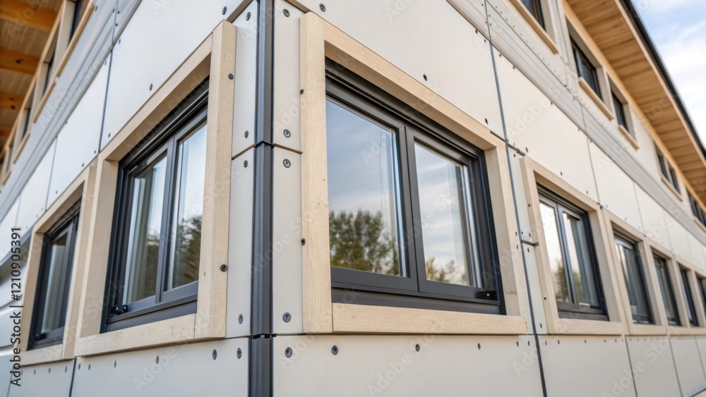 Poster a medium closeup shot of a section of a modular home highlighting the seamless joints between wall p