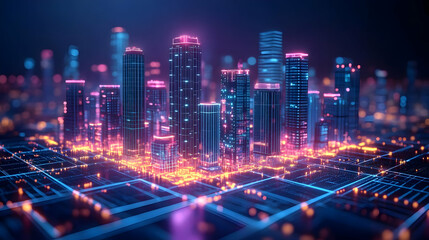 Fototapeta premium Futuristic Cityscape at Night with Vibrant Neon Lights and Digital Network