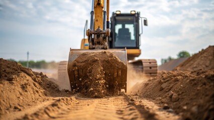 Obraz premium A medium closeup reveals machinery in action as an excavator skillfully digs into the earth with dirt being disp and tered illustrating the intense labor involved in the initial